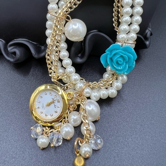 Ashiana Style Gold and Pearl Bracelet Watch with Blue Rose Charm - Picture 4 of 10